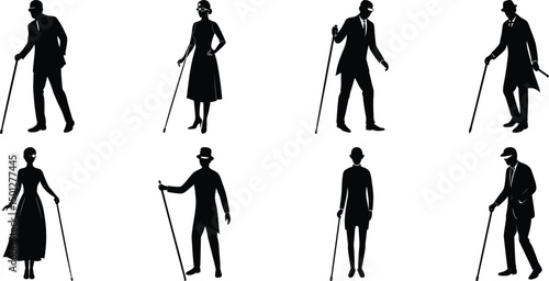 Blind man and women walking silhouette vector illustration set