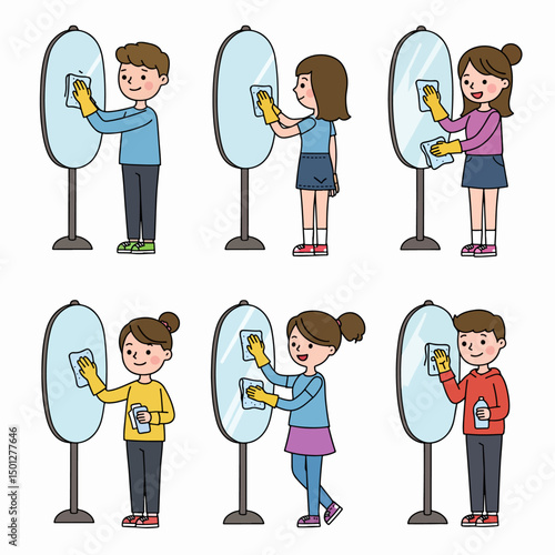 People cleaning mirrors, housekeeping and hygiene concept