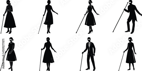 Blind man and women walking silhouette vector illustration set