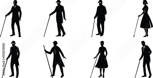 Blind man and women walking silhouette vector illustration set