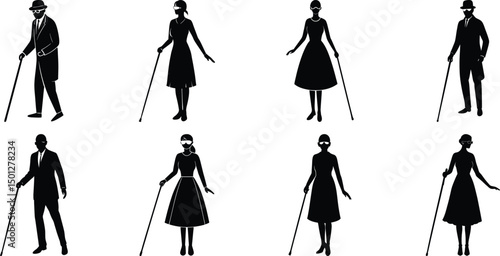 Blind man and women walking silhouette vector illustration set