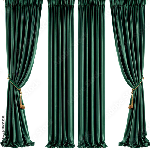 View of three green velvet curtains with tiebacks and tassels against a black background isolated with white background