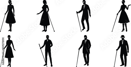 Blind man and women walking silhouette vector illustration set
