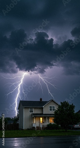 Photo of a Dramatic Lightning Storm Striking A House At Night In Dark Sky