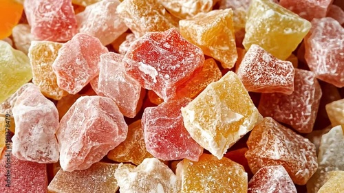 Closeup of vibrant candied fruit with sugary texture in dynamic focus shift