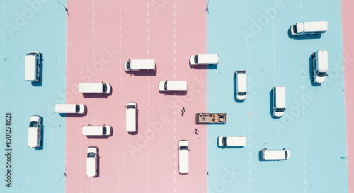 Overhead view of white vans on pink and blue surface