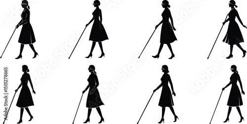 Blind man and women walking silhouette vector illustration set
