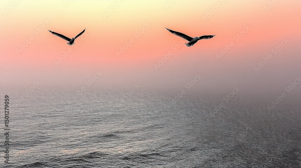 Fototapeta premium Flock of Birds Flying in Pink Sunset Sky Over the Water with Hazy View