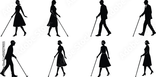 Blind man and women walking silhouette vector illustration set
