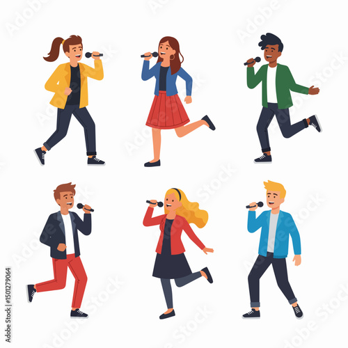 Singers characters performing song on white background