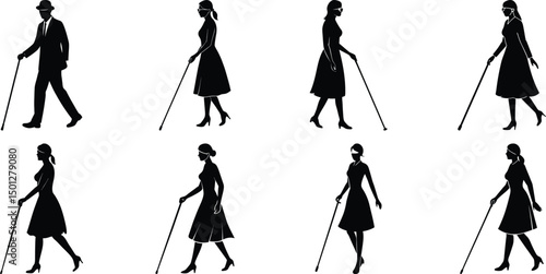 Blind man and women walking silhouette vector illustration set