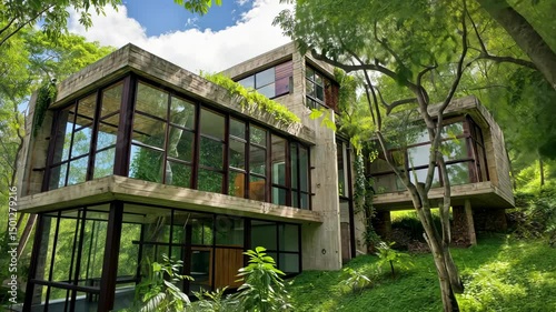 Wallpaper Mural Modern concrete house with large windows in a lush green landscape Torontodigital.ca