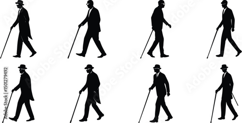 Blind man and women walking silhouette vector illustration set