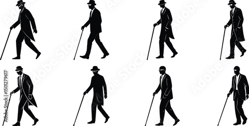 Blind man and women walking silhouette vector illustration set