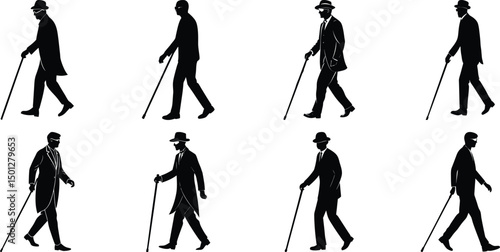 Blind man and women walking silhouette vector illustration set