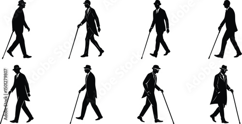 Blind man and women walking silhouette vector illustration set