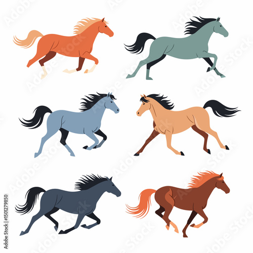 Running horse animal set equestrian motion