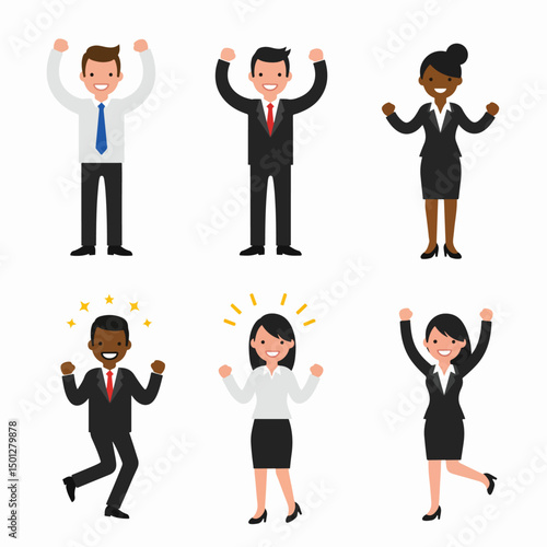 Happy business people cheering with raised hands