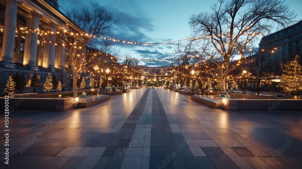 Festive light display in city square winter evening urban landscape peaceful atmosphere aesthetic view Festive light display in city square winter evening urban landscape peaceful atmosphere aesthetic view