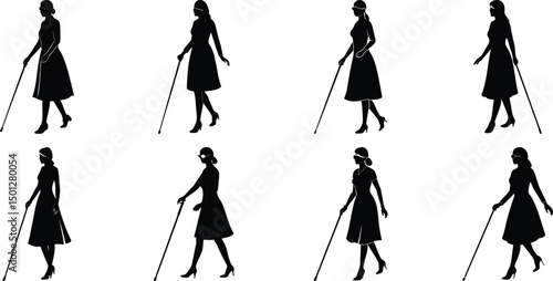 Blind man and women walking silhouette vector illustration set