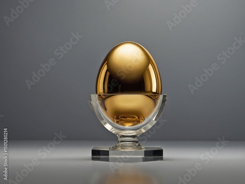 A golden jeweled egg displayed within a minimalistic clear glass cup