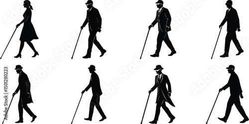 Blind man and women walking silhouette vector illustration set