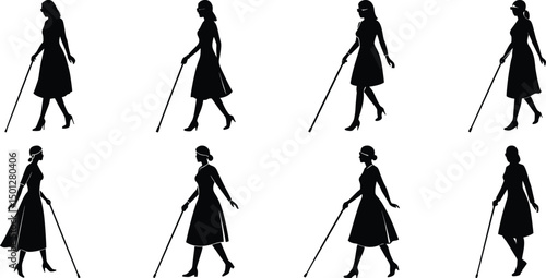 Blind man and women walking silhouette vector illustration set