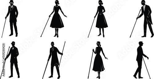 Blind man and women walking silhouette vector illustration set