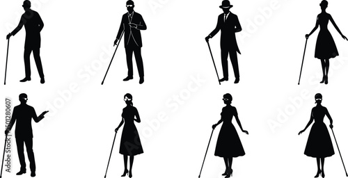 Blind man and women walking silhouette vector illustration set