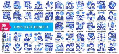 "Employee Beneffit" icon collection set. Health Insurance,Dental Insurance,Vision Insurance,Life Insurance,Disability Insurance icon. Simple Glyph Color vector.