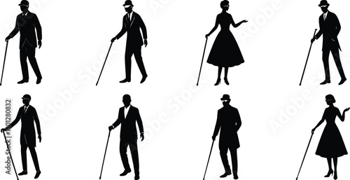 Blind man and women walking silhouette vector illustration set