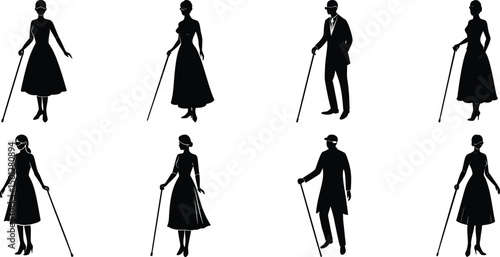 Blind man and women walking silhouette vector illustration set