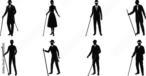 Blind man and women walking silhouette vector illustration set