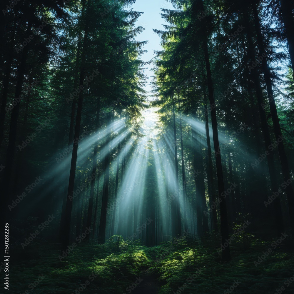 Sunlight streaming through tall trees enchanted forest nature photography serene environment low angle view tranquil concept Sunlight streaming through tall trees enchanted forest nature photography serene environment low angle view tranquil concept