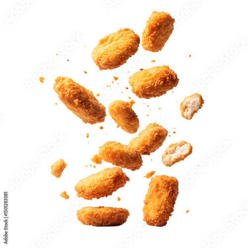 Crispy chicken nuggets falling isolated on transparent background