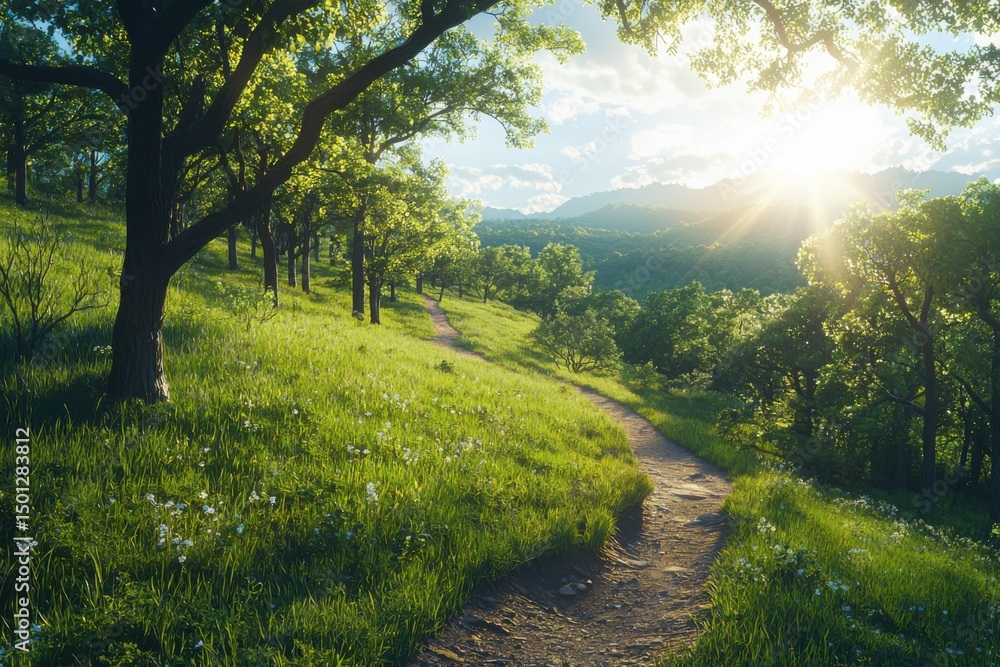 Fototapeta premium Serene nature walk pathway lush green landscape scenic view tranquil environment early morning sunlight