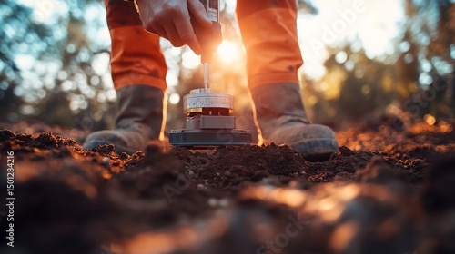 Close-up of environmental scientist taking soil sample in field at sunset