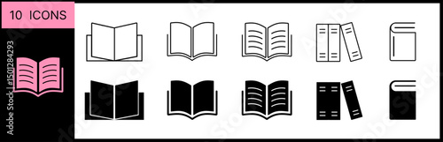 Book icon set. Black book icons. Outline book symbol. Library symbol in glyph. Open and closed dictionary set. Education sign. Stock vector illustration.
