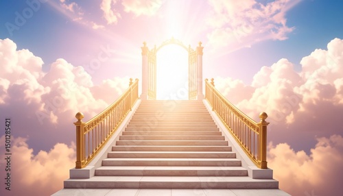 Heavenly open warm gates of clouds in heaven sky kingdom after life ending and possible ways of faith and religion to a higher power