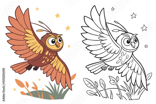 Coloring page of cartoon cute happy carton for design element. Vector illustration of funny sea animal on a white background. Сhildren's coloring book with color example