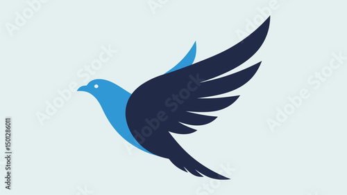 Stylized Blue and Navy Dove in Flight, Minimalist Design.