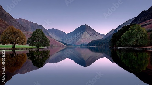 Serene Lake District Dawn Mountain Reflection.