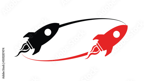 Two stylized rockets in flight, black and red, with curved trails.