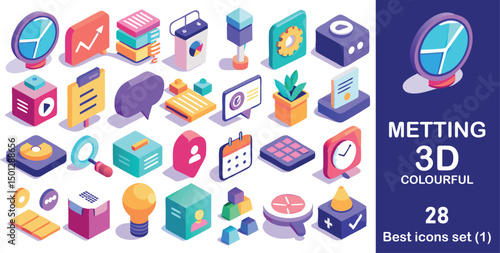 3D icon set themed around meetings and teamwork. Includes people, video calls, charts, and laptops. Vibrant, modern look perfect for apps, UI, and presentations.