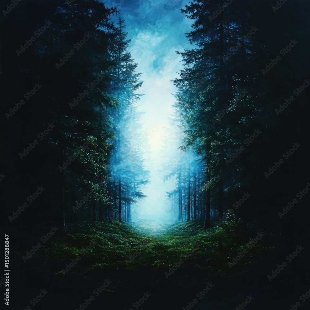 Obraz premium Mysterious light breaking through dense forest nature photography enchanted environment serene perspective