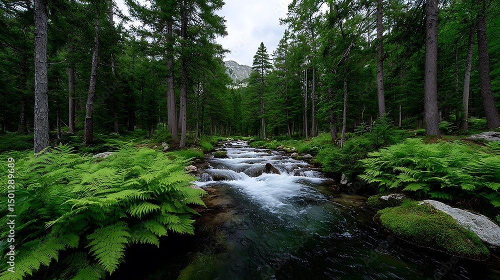 Obraz premium Serene Mountain Stream with Lush Forest, and Alpine Nature.