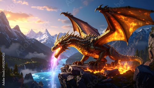 Golden dragon perched high, exhaling misty breath over a mountain river scene