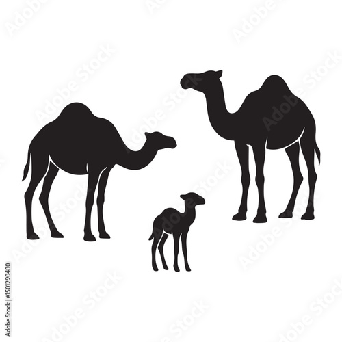 Camel Family Silhouette in Black: A minimalist graphic of a camel family, showcasing the graceful silhouette of the desert icons, symbol of endurance, perfect for design and illustration