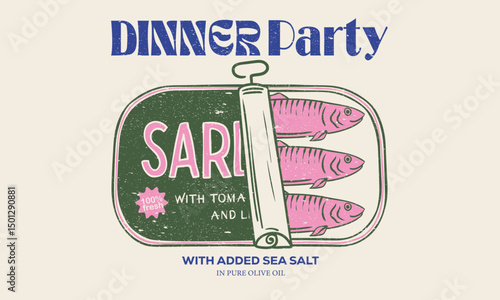 Dinner party. Seafood t shirt design. Canned fish artwork. Fish vintage artwork. Sardines fish artwork for t shirt print, poster, sticker and other uses.