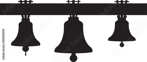 Three Black Silhouettes of Church Bells Hanging